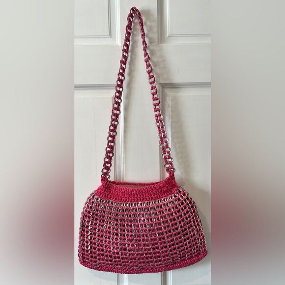 Crocheted Purse Recycled Soda Pop Tops Bag Upcycled Pink and Silver - Picture 8 of 9